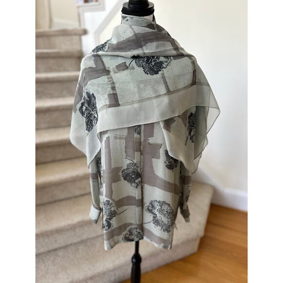 Vintage Dana Buchanan Light Blue & Grey Silk Button Down & Scarf - Picture 1 of 11